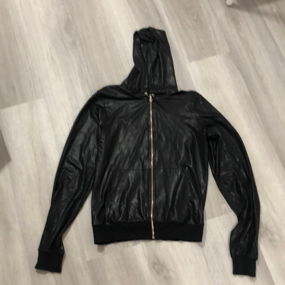 American apparel slick leather look black hoodie